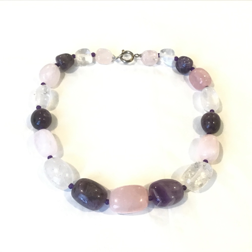 Purple Amethyst Rose Quartz & Clear Quartz Chunky Graduated Knotted Necklace